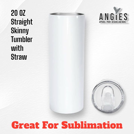 20oz Skinny Straight Stainless Steel Sublimation Tumbler – Double Wall Vacuum Insulated with Lid and Straw