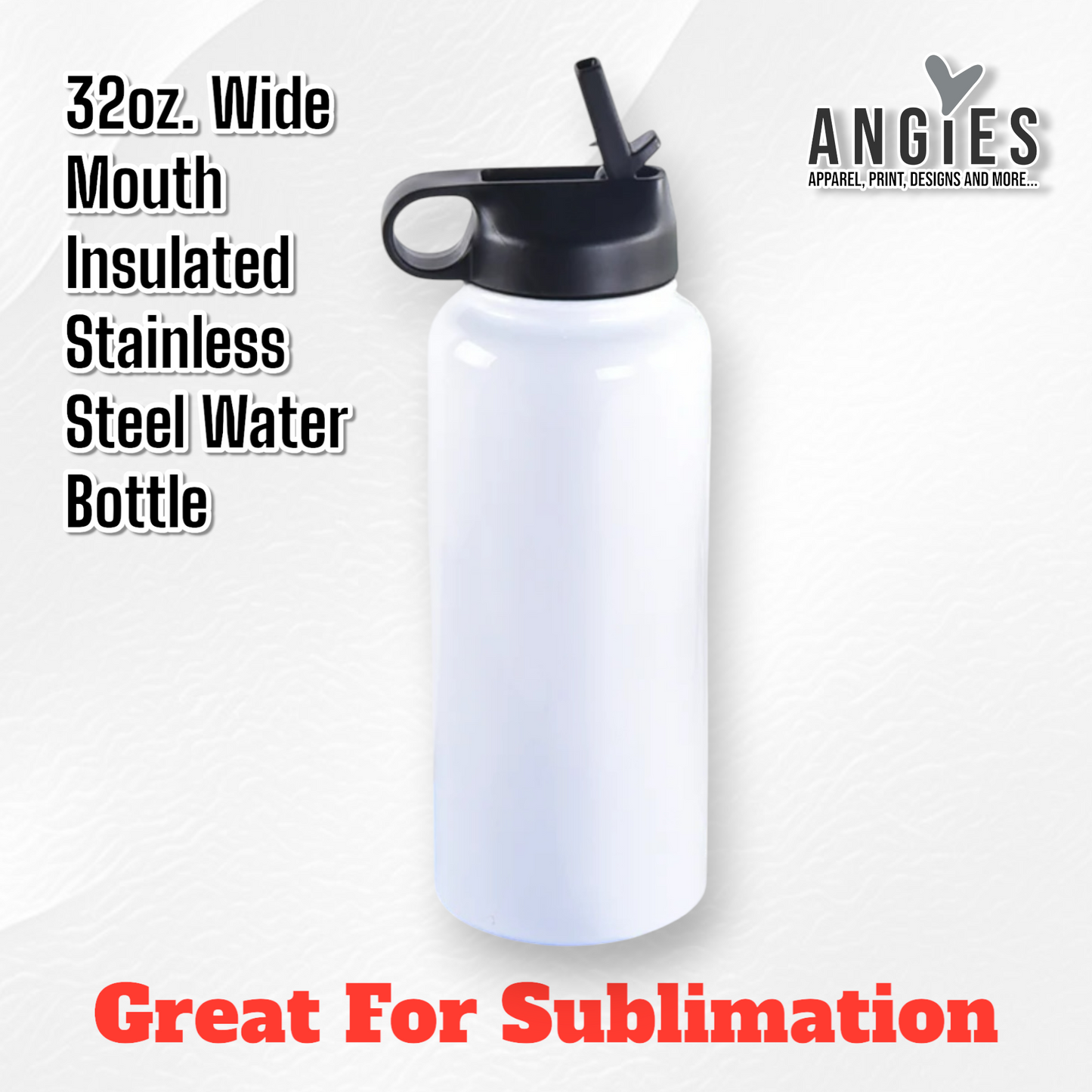 32oz Sublimation Sports Water Bottle Stainless Steel Insulated White Tumbler with Wide Mouth Lid and Straw